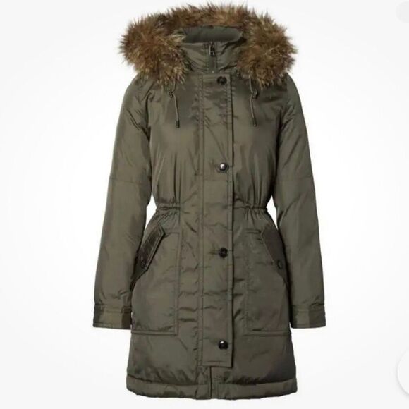 Banana Republic olive green puffer jacket removable faux fur hood m - Picture 1 of 13